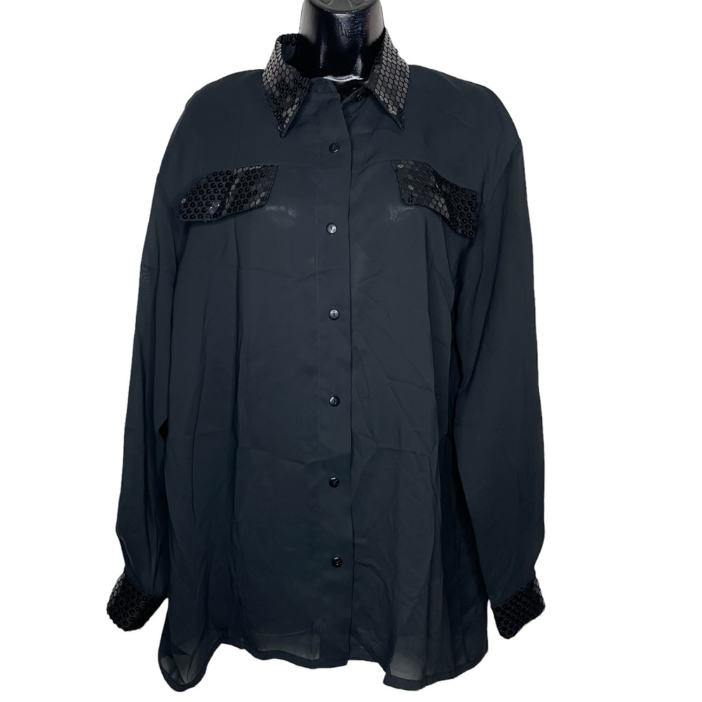 Vintage Jordan Black Sheer Sequin Collar Button Down Shirt Size 12